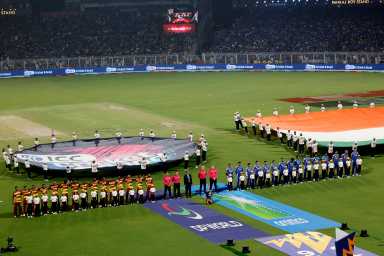 Cricket - ICC Men's T20 World Cup 2026 - Super 8 - India v West Indies - Eden Gardens, Kolkata, India - March 1, 2026 General view as players from both teams line up before the match.
