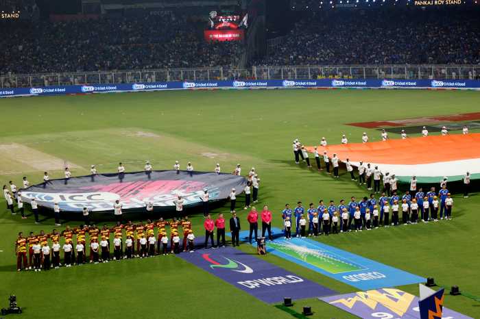 Cricket - ICC Men's T20 World Cup 2026 - Super 8 - India v West Indies - Eden Gardens, Kolkata, India - March 1, 2026 General view as players from both teams line up before the match.