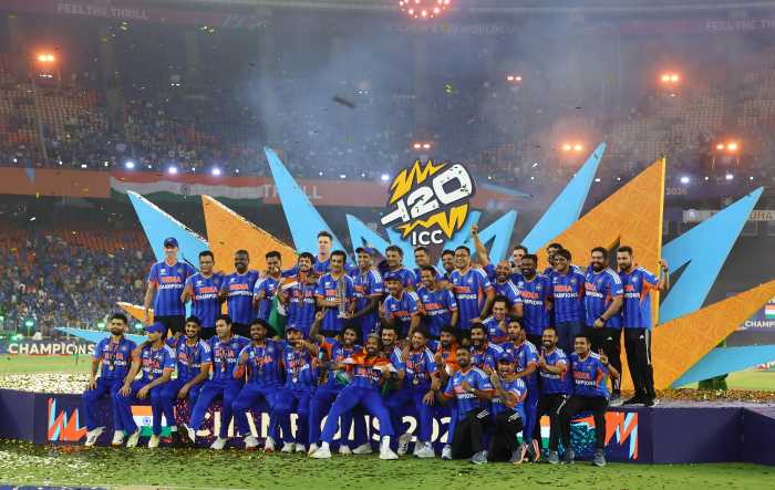 Cricket - ICC Men's T20 World Cup 2026 - Final - India v New Zealand - Narendra Modi Stadium, Ahmedabad, India - March 8, 2026 India players celebrate on the podium with the trophy after winning the ICC Men's T20 World Cup.