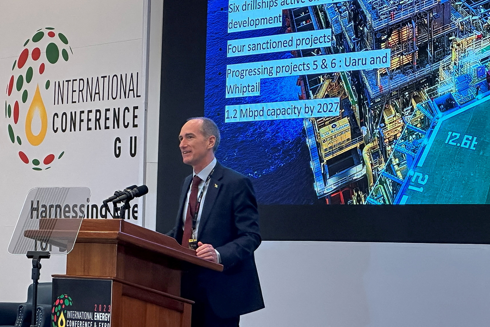 Exxon Mobil Corp country chief in Guyana Alistair Routledge speaks at Guyana's International Energy Conference in Georgetown, Guyana, February 15, 2023.