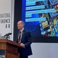 Exxon Mobil Corp country chief in Guyana Alistair Routledge speaks at Guyana's International Energy Conference in Georgetown, Guyana, February 15, 2023.