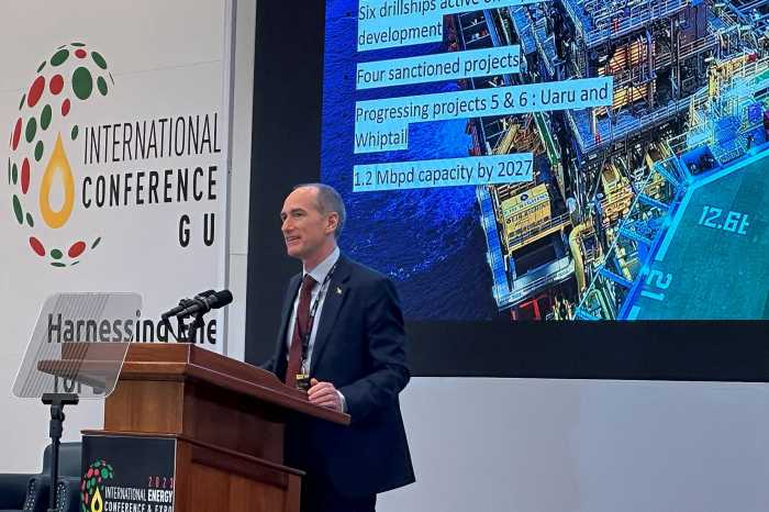 Exxon Mobil Corp country chief in Guyana Alistair Routledge speaks at Guyana's International Energy Conference in Georgetown, Guyana, February 15, 2023.