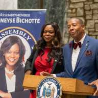 New York State Senator James Sanders, Jr., speaks alongside Assemblymember Rodneyse Bichotte Hermelyn.