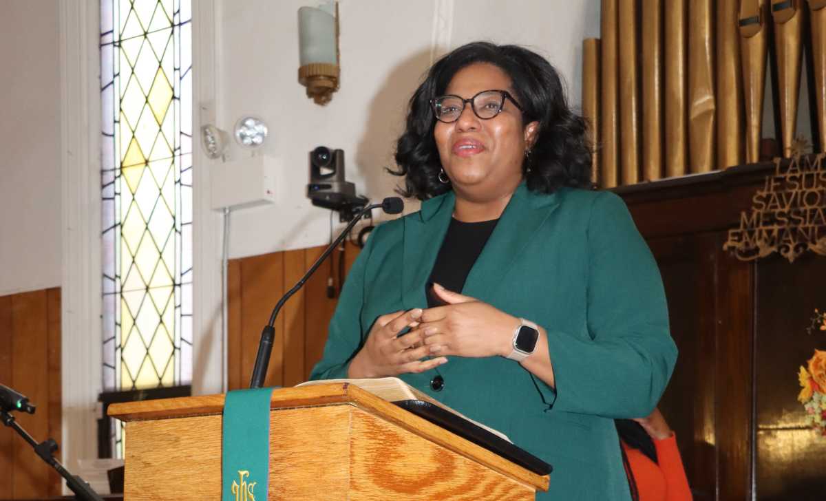 Trinidadian-American court attorney referee Danielle Noel addresses congregation at Fenimore Street United Methodist Church in Brooklyn in January.