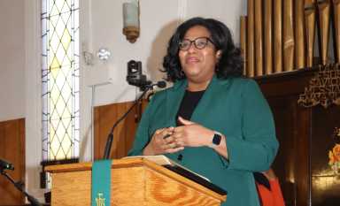 Trinidadian-American court attorney referee Danielle Noel addresses congregation at Fenimore Street United Methodist Church in Brooklyn in January.