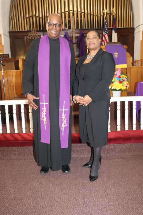 Guyanese-born Michelle R. DeSouza-Forte, Esq. with the Rev. Roger Jackson, pastor of Fenimore Street United Methodist Church (FSUMC) in Brooklyn, after Worship Service on Sunday, Mar. 15.