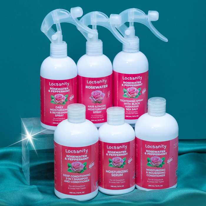 A selection of Locsanity products, developed using plant-based ingredients, designed to support the health and maintenance of locs and natural hair.