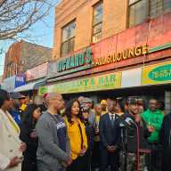 A coalition of organizations, elected officials, on on March 8, demanded funding and resources to end gun violence, after a mass shooting outside Richard's Restaurant & Bar on Avenue L, in Canarsie, Brooklyn, over the weekend. From left, are Senator Roxanne Persaud’s Chief of Staff Tanequa Strong, a representative from Enough is Enough, NYS Assembly Member (AD59) Jamie Williams, organizer, Jibreel Jalloh (sixth from left), a speaker from Save Our Streets (SOS), and Founder & CEO of Man Up Inc. Andre T. Mitchell.