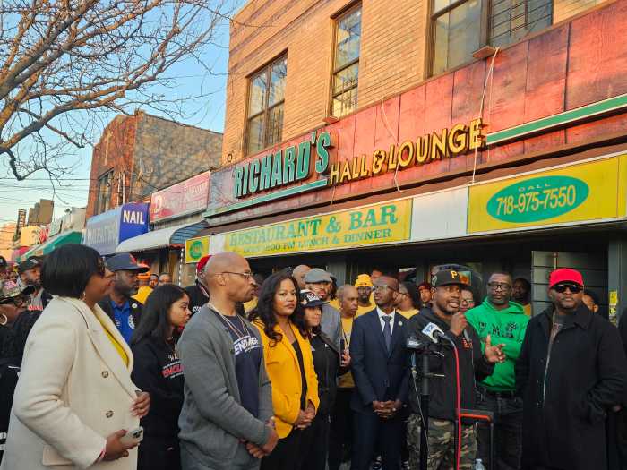 A coalition of organizations, elected officials, on on March 8, demanded funding and resources to end gun violence, after a mass shooting outside Richard's Restaurant & Bar on Avenue L, in Canarsie, Brooklyn, over the weekend. From left, are Senator Roxanne Persaud’s Chief of Staff Tanequa Strong, a representative from Enough is Enough, NYS Assembly Member (AD59) Jamie Williams, organizer, Jibreel Jalloh (sixth from left), a speaker from Save Our Streets (SOS), and Founder & CEO of Man Up Inc. Andre T. Mitchell.