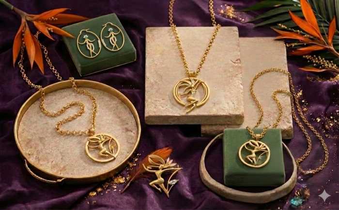 Jewelry from the Karnival Collection by Alliyette is displayed, featuring gold-plated designs and gemstone accents reflecting Caribbean culture.