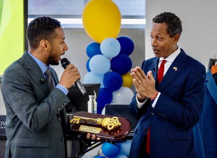 Brooklyn Borough President Antonio Reynoso, left, presented Rapper and Civic Leader Moses Shyne Barrow with a Key to Brooklyn at East Flatbush Young Men’s Mentorship Expo on Saturday, April 25, 2026.