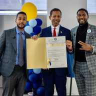 Brooklyn Borough President Antonio Reynoso, left, presented a Proclamation to Rapper and Civic Leader Moses Shyne Barrow, alongside Public Advocate Jumaane Williams at East Flatbush Young Men’s Mentorship Expo on Saturday, April 25.