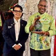 Minister of Tourism, Industry and Commerce Susan Rodrigues, left, presented Chef Delven Adams, proprietor of the Backyard Cafe in Georgetown, with a plaque in recognition of being listed as one of Time Magazine’s 2026 greatest places on the planet to visit.