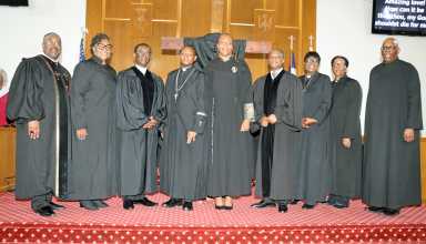 The Rev. Dr. Elizabeth Abel, UMC Long Island West District Superintendent, center, with clergy from the Brooklyn Downtown South Cooperative Parish of the United Methodist Church (UMC), otherwise known as Bold United Soul Seekers (BUSS), at the conclusion of Good Friday Worship Service at St. Mark's UMC in Flatbush, Brooklyn.