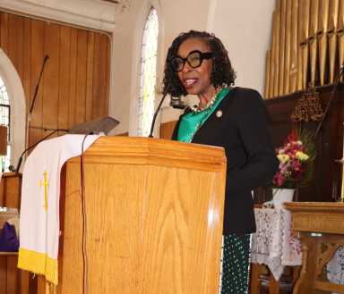 U.S. Rep. Yvette D. Clarke addresses congregation at Fenimore Street United Methodist Church in Brooklyn on Sunday, April 19, 2026.