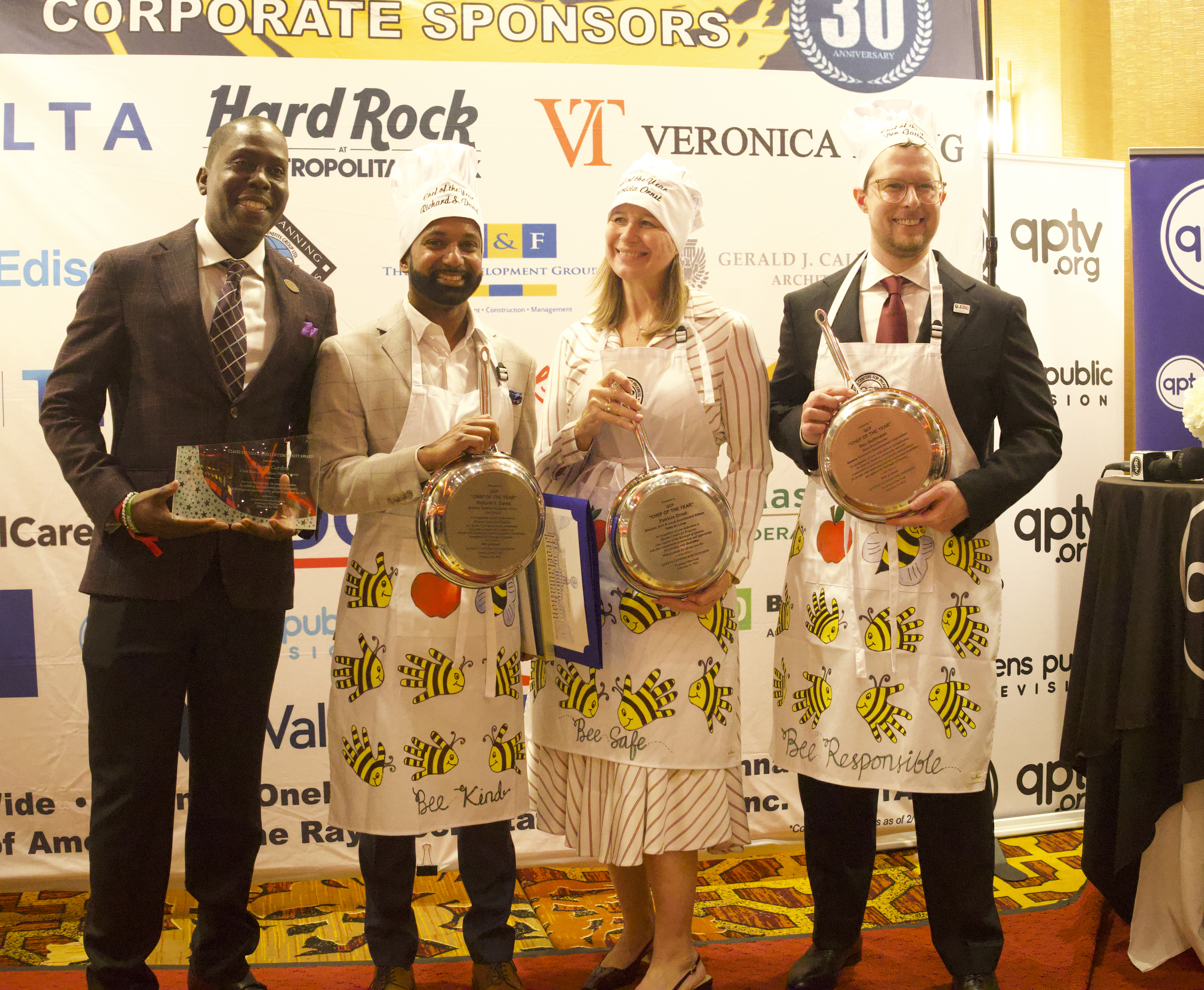 From left, Loycent Gordon, recipient of the Claire Shulman “Spirit of Community” Award, is honored alongside Richard S. David, Patricia Ornst and Ben Guttmann, recognized as “Chefs of the Year,” during Queens Centers for Progress’ annual Evening of Fine Food.