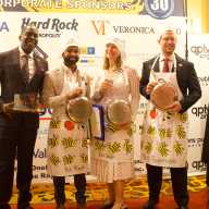 From left, Loycent Gordon, recipient of the Claire Shulman “Spirit of Community” Award, is honored alongside Richard S. David, Patricia Ornst and Ben Guttmann, recognized as “Chefs of the Year,” during Queens Centers for Progress’ annual Evening of Fine Food.