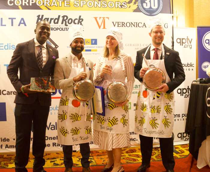 From left, Loycent Gordon, recipient of the Claire Shulman “Spirit of Community” Award, is honored alongside Richard S. David, Patricia Ornst and Ben Guttmann, recognized as “Chefs of the Year,” during Queens Centers for Progress’ annual Evening of Fine Food.