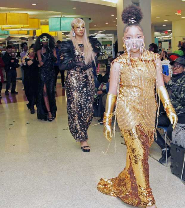 Grand Mardi Gras finale evening wear. Styled and produced by Jackie Love. Models: Tyneisa Kinloch, Anyah Smith, Dallas Arrington, and Dazja Harris. Accessories provided by Shanina Nelson and Cassandra- Walker-Phillips.