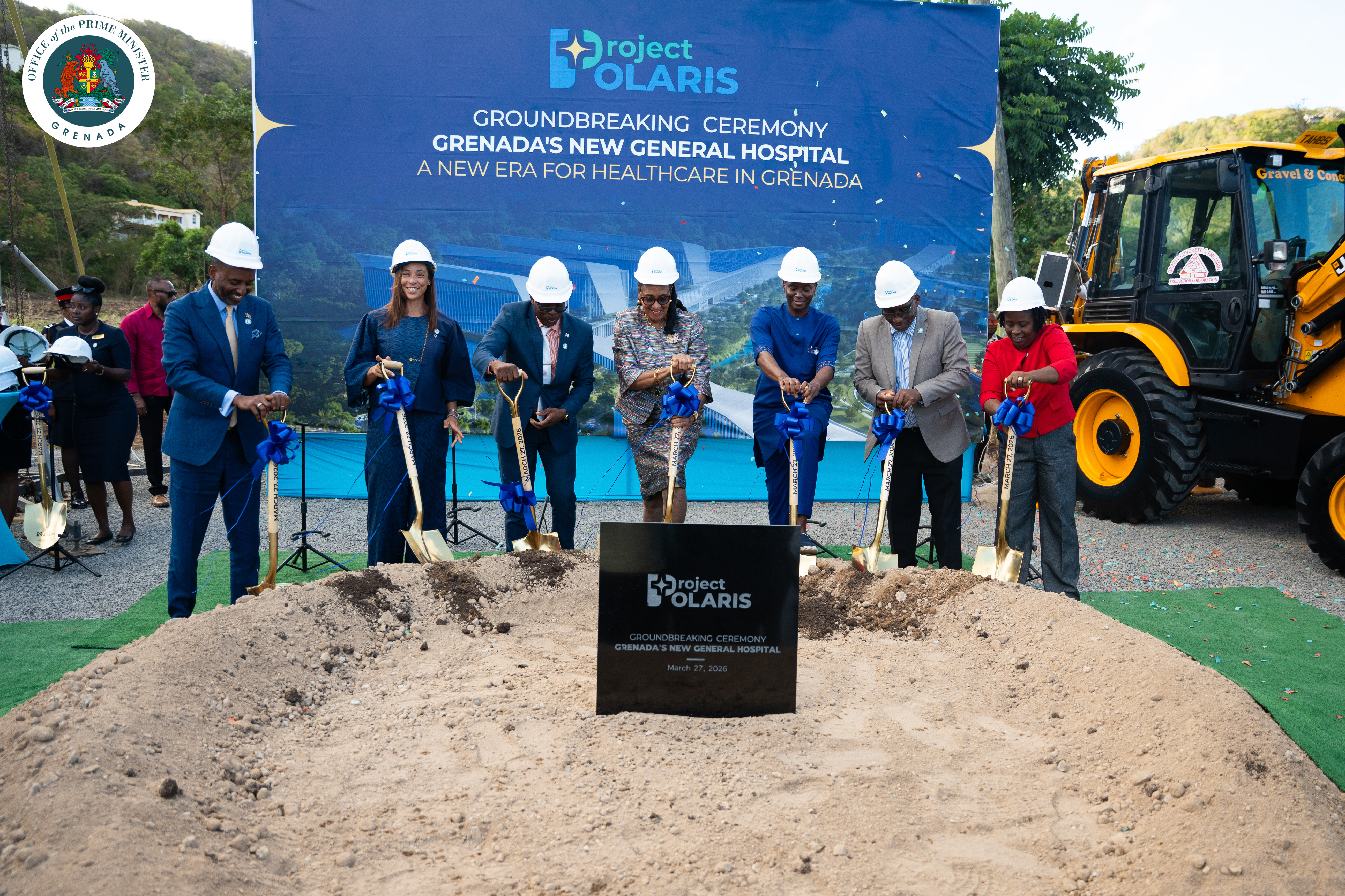 Grenada’s Governor General Dame Cecile La Grenade (center) with Prime Minister Dickon Mitchell and other Cabinet officials breaking gound for the new general teaching hospital in Calivingy/Hope Vale, Grenada.