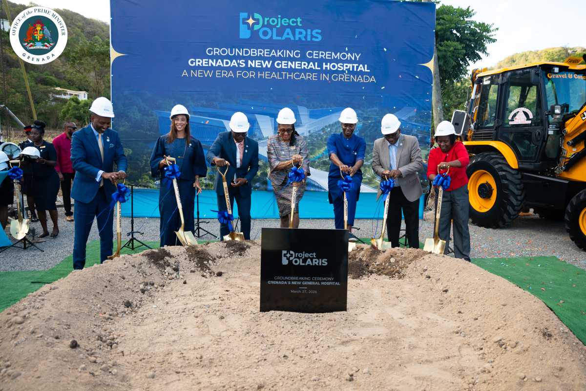 Grenada’s Governor General Dame Cecile La Grenade (center) with Prime Minister Dickon Mitchell and other Cabinet officials breaking gound for the new general teaching hospital in Calivingy/Hope Vale, Grenada.