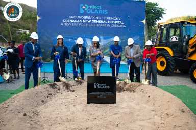 Grenada’s Governor General Dame Cecile La Grenade (center) with Prime Minister Dickon Mitchell and other Cabinet officials breaking gound for the new general teaching hospital in Calivingy/Hope Vale, Grenada.