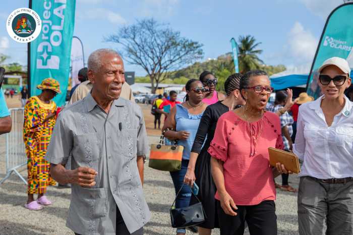 Former Grenadian Prime Minister Tillman Thomas and his wife, Sandra, arrive at the ground-breaking ceremony for the new General Hospital in Grenada on March 27, 2026.