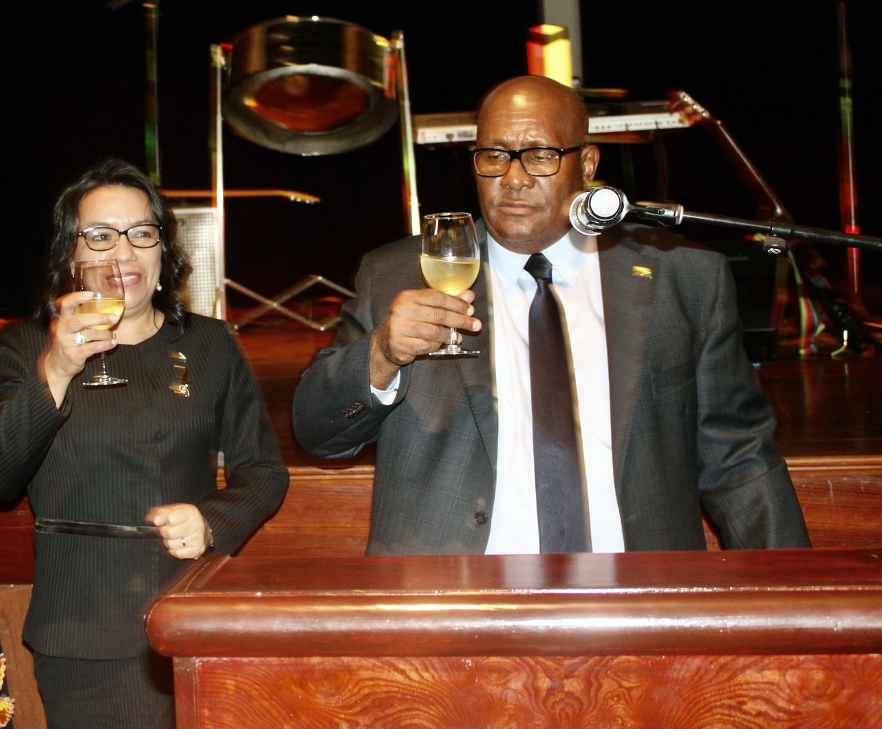 Permanent Representative of Guyana to the United Nations Ambassador Carolyn Rodrigues Birkett, left, with Consul General of Guyana to New York, Ambassador Michael E. Brotherson, raised their glasses at a previous reception to commemorate Guyana's Republic Anniversary. The two diplomats will collaborate to host scheduled events to celebrate Guyana's 60th Independence Anniversary.
