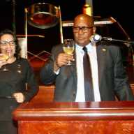 Permanent Representative of Guyana to the United Nations Ambassador Carolyn Rodrigues Birkett, left, with Consul General of Guyana to New York, Ambassador Michael E. Brotherson, raised their glasses at a previous reception to commemorate Guyana's Republic Anniversary. The two diplomats will collaborate to host scheduled events to celebrate Guyana's 60th Independence Anniversary.
