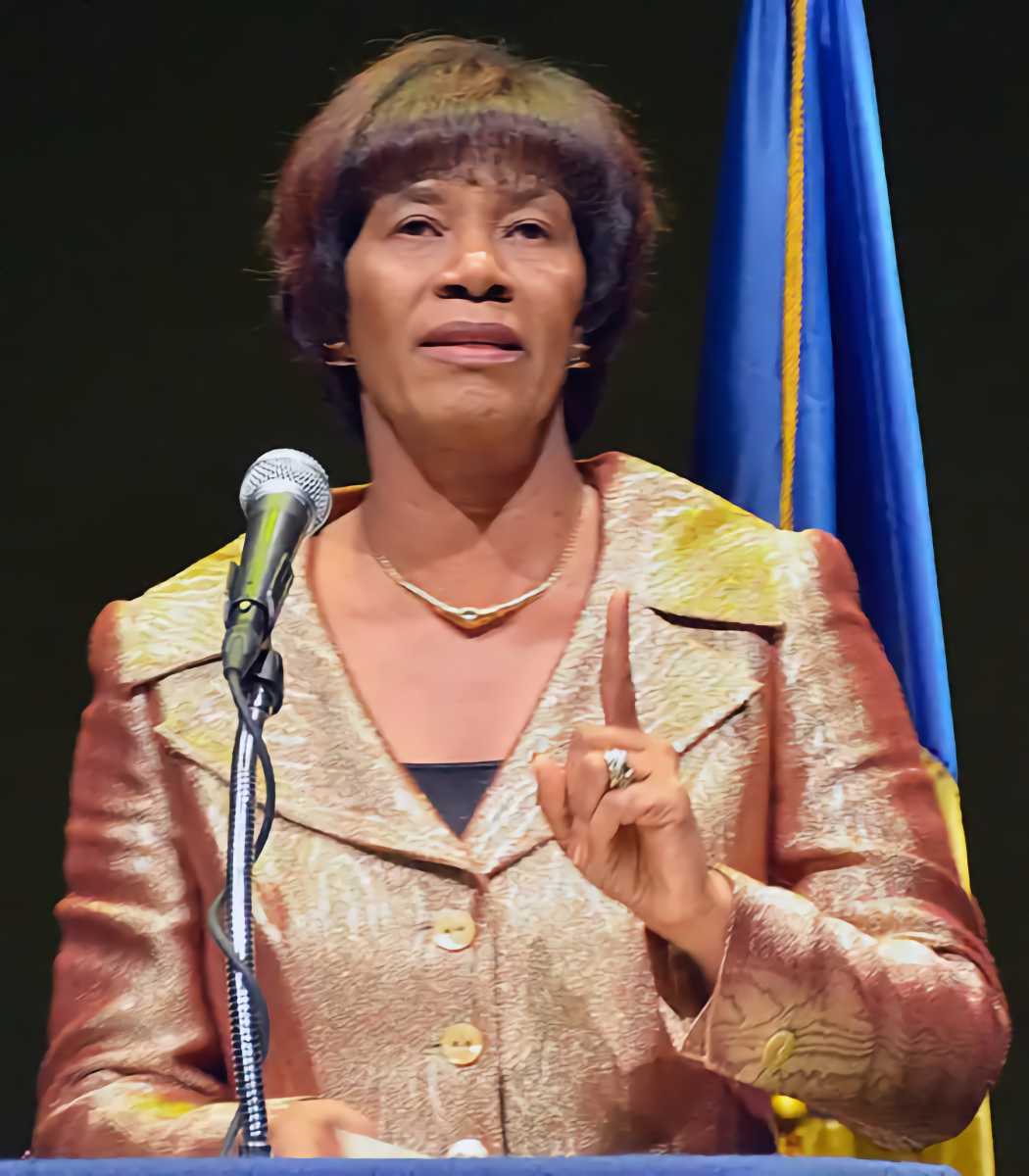 Former Jamaican Prime Minister Portia Simpson-Miller speaking at a lecture organized by the Barbados Small Business Association at the University of the West Indies, Cave Hill Campus, Barbados.