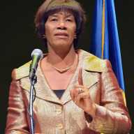 Former Jamaican Prime Minister Portia Simpson-Miller speaking at a lecture organized by the Barbados Small Business Association at the University of the West Indies, Cave Hill Campus, Barbados.