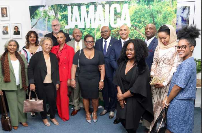 Minister of Tourism, Edmund Bartlett and Jamaica's Ambassador Antony Anderson (center right of picture) surrounded by members of the Diaspora in Washington D.C.