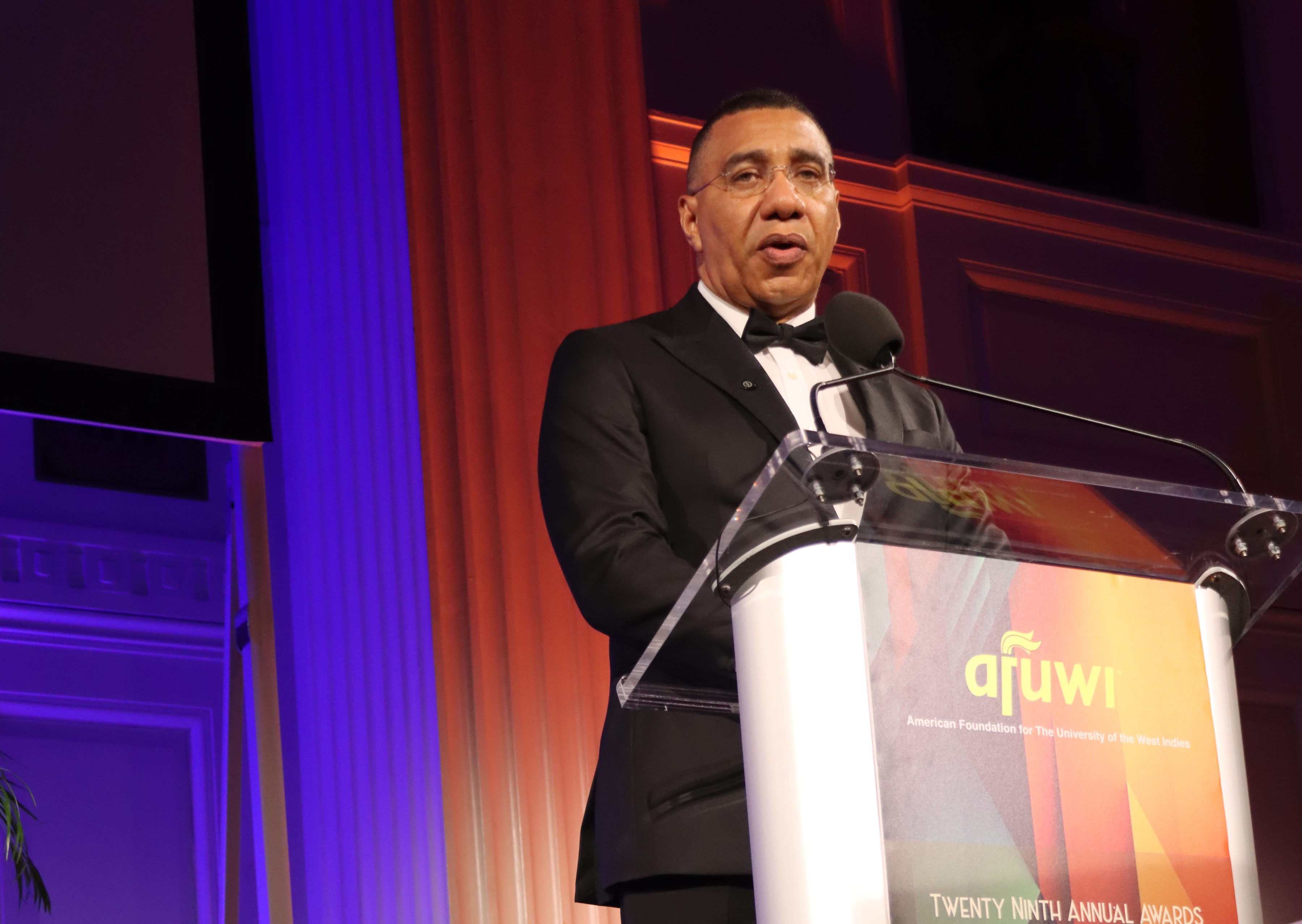 Jamaica Prime Minister Andrew Holness gives his acceptance speech during the American Foundation for the University of the West Indies event on Friday, April 17, 2026.