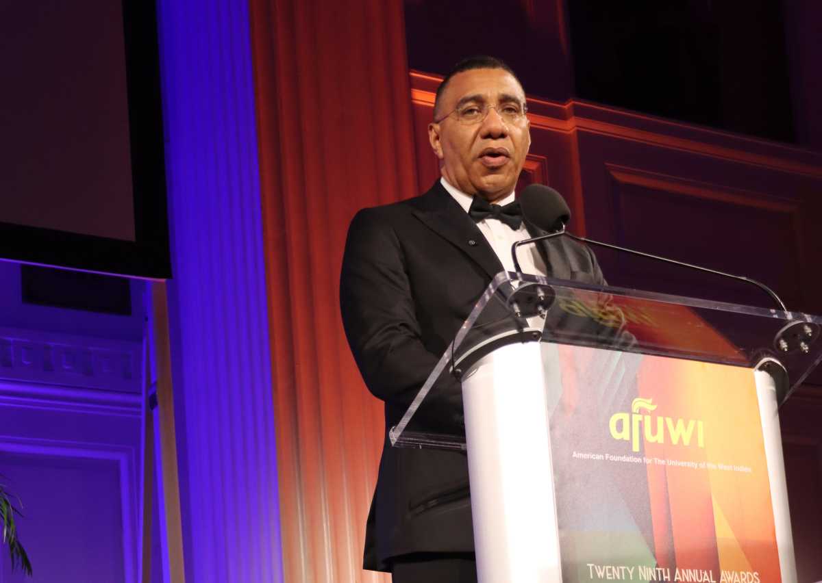 Jamaica Prime Minister Andrew Holness gives his acceptance speech during the American Foundation for the University of the West Indies event on Friday, April 17, 2026.