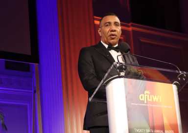 Jamaica Prime Minister Andrew Holness gives his acceptance speech during the American Foundation for the University of the West Indies event on Friday, April 17, 2026.