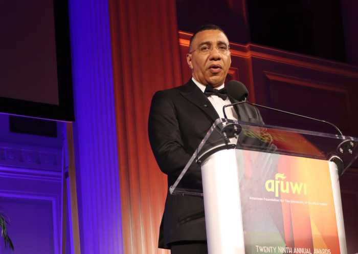 Jamaica Prime Minister Andrew Holness gives his acceptance speech during the American Foundation for the University of the West Indies event on Friday, April 17, 2026.