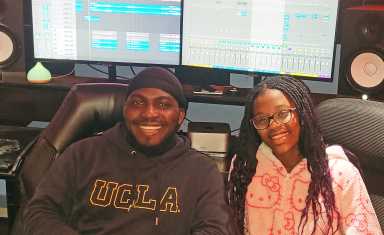 Producer Paul Drew Gad and 13-year-old singer Jazmin Headley in studio in New Jersey during a recording session for a re-imagined version of the 1975 classic “None A Jah Jah Children Nuh Cry.”