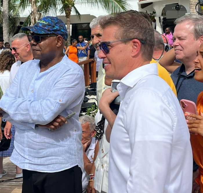 Jamaica’s Minister of Tourism Ed Bartlett and Sandals Dunns River Resort Executive Chairman Adam Stewart on set at the NBC TV live broadcast in Ocho Rios in March 2026.