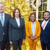 Vice President Kamala Harris and Second Gentleman Douglas Emhoff participate in a photo line with Troy Blackwell during a IGA Reception Monday, Dec. 12, 2022, at the Vice President’s Residence in Washington, D.C.