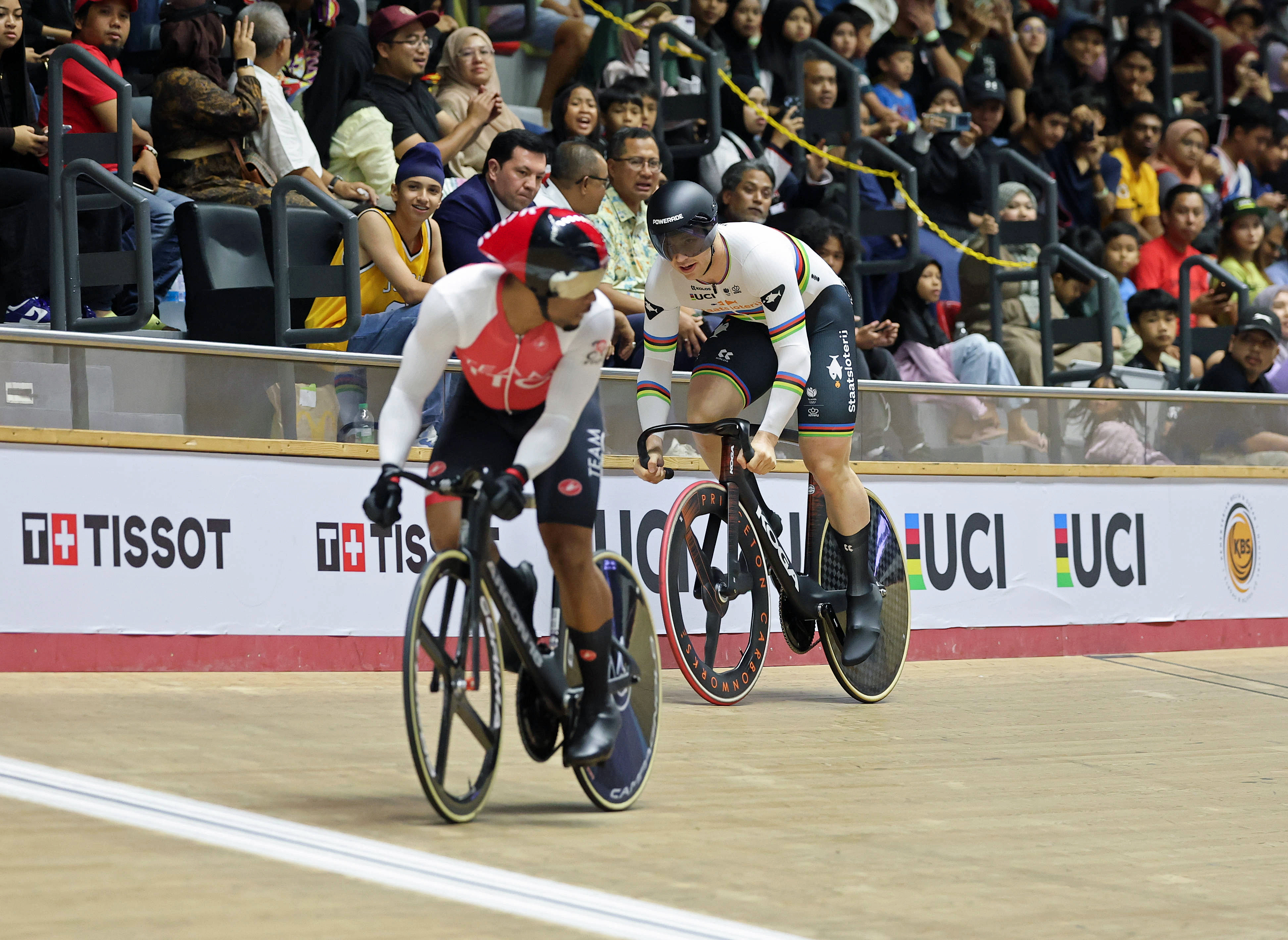 Harrie Lavreysen Netherlands and Nicholas Paul Trinidad and Tobago in the Men’s Sprint final for Gold at the UCI Track World Cup on April 26, 2026.