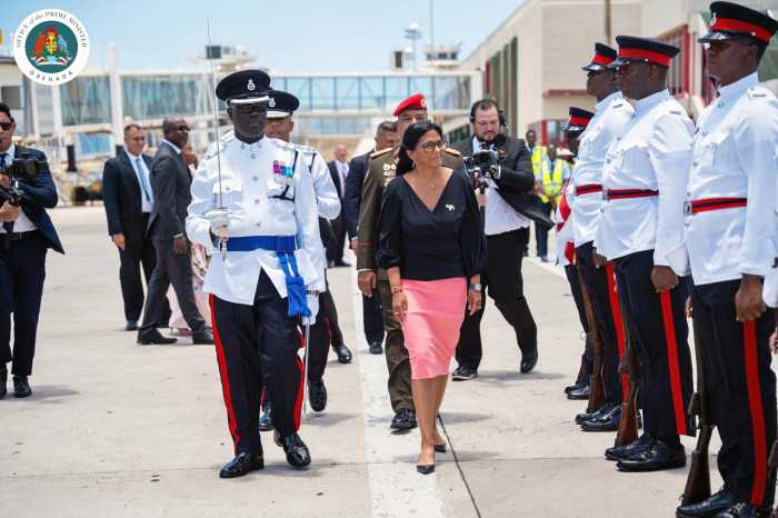 Acting Venezuelan President Delcy Rodriguez inspecting the Honor Guard following her arrival at the Maurice Bishop International Airport in Grenada.