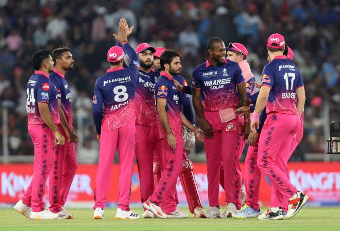 Rajasthan Royals players celebrate the dismissal of Gujarat Titans' Washington Sundar at the Narendra Modi Stadium, Ahmedabad, India on April 4, 2026.