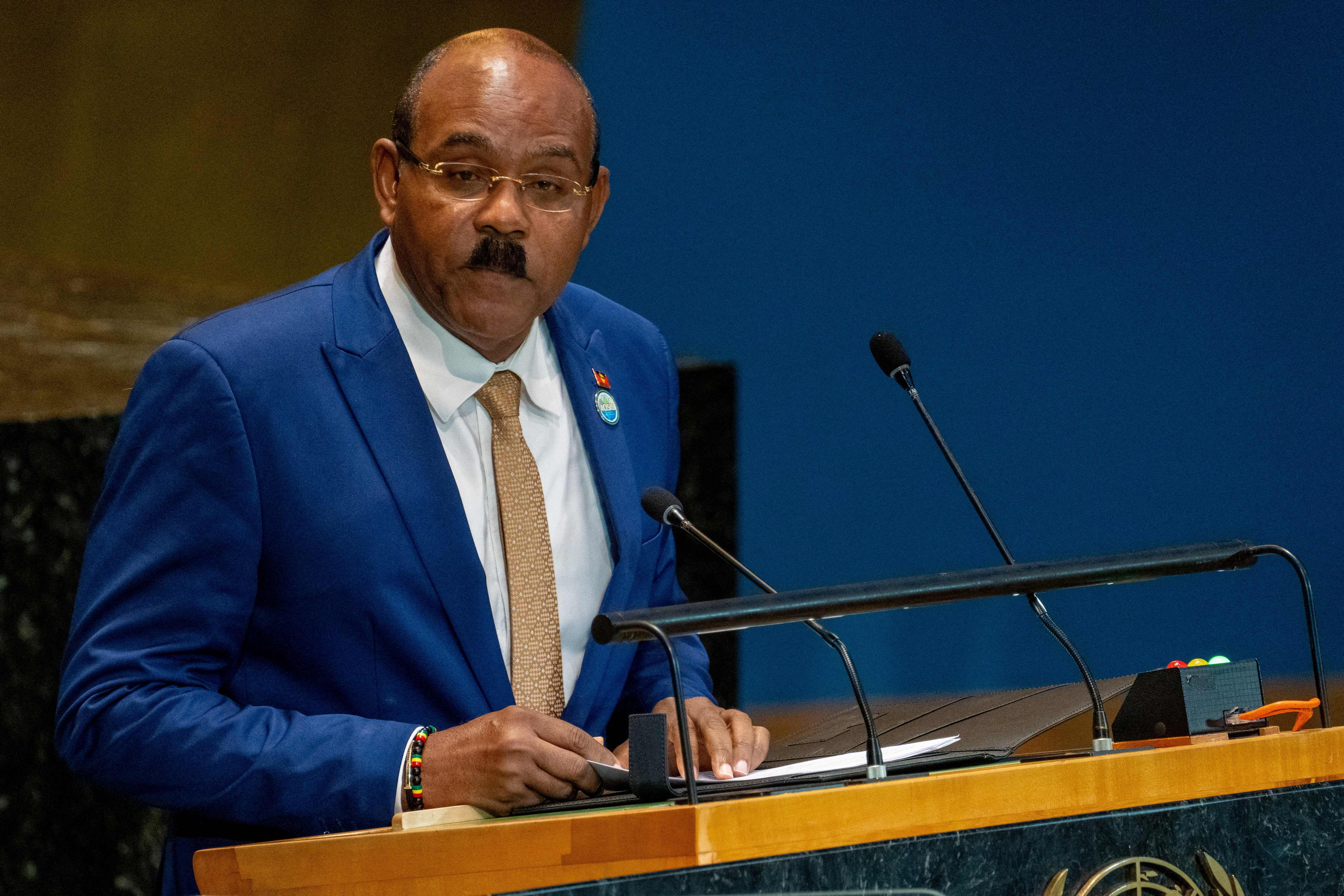 Prime Minister of Antigua and Barbuda Gaston Browne addresses the “Summit of the Future” in the General Assembly hall at United Nations headquarters in New York City, U.S., September 23, 2024.