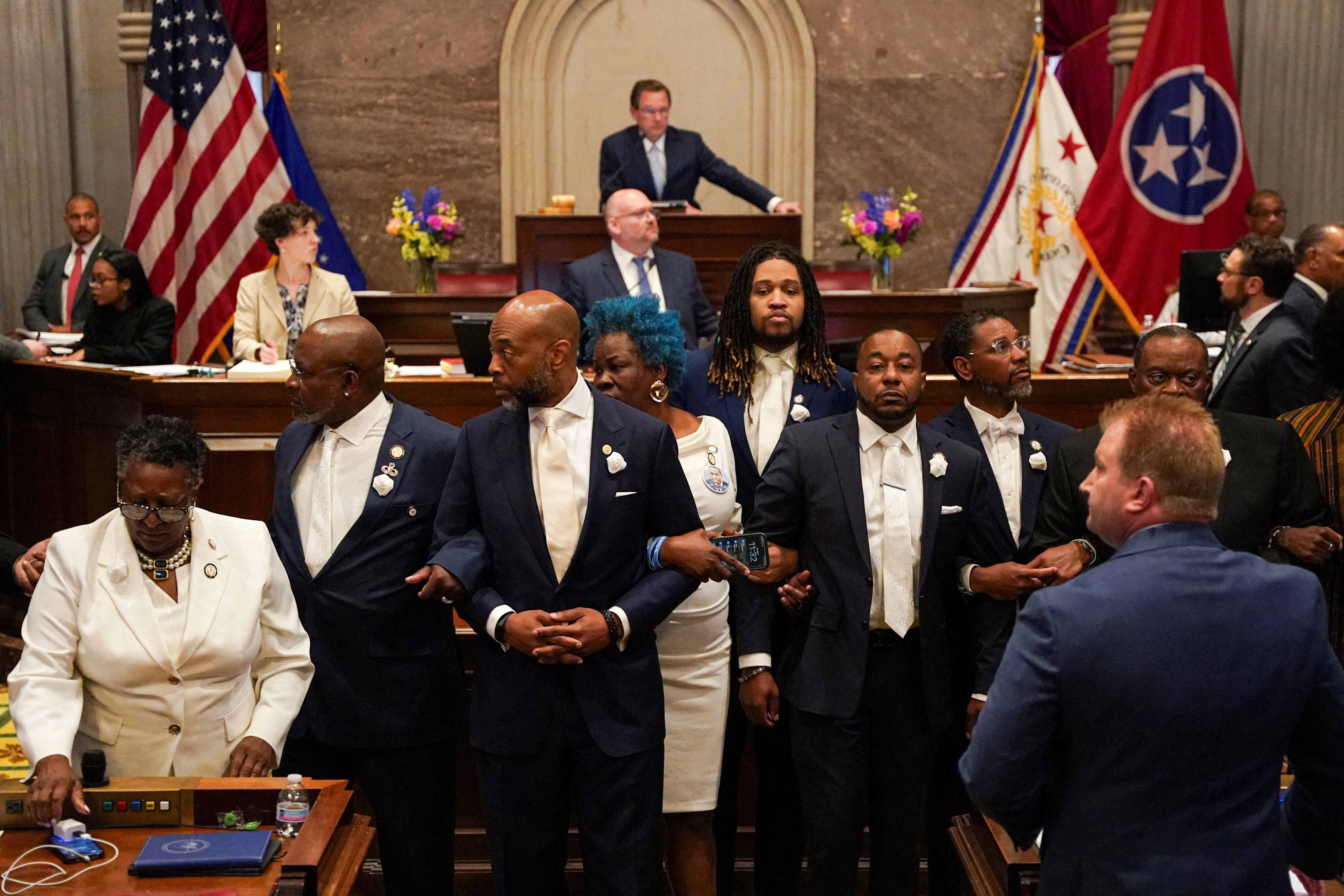 Democratic representatives protest on the floor of the Tennessee House of Representatives during a special session, opposing efforts by the state's Republican leadership in redistricting congressional election maps, in Nashville, Tennessee, U.S., May 7, 2026.