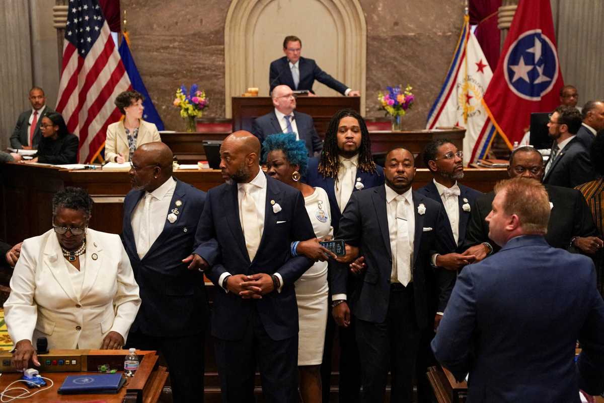 Democratic representatives protest on the floor of the Tennessee House of Representatives during a special session, opposing efforts by the state's Republican leadership in redistricting congressional election maps, in Nashville, Tennessee, U.S., May 7, 2026.