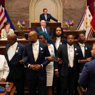 Democratic representatives protest on the floor of the Tennessee House of Representatives during a special session, opposing efforts by the state's Republican leadership in redistricting congressional election maps, in Nashville, Tennessee, U.S., May 7, 2026.
