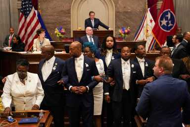 Democratic representatives protest on the floor of the Tennessee House of Representatives during a special session, opposing efforts by the state's Republican leadership in redistricting congressional election maps, in Nashville, Tennessee, U.S., May 7, 2026.