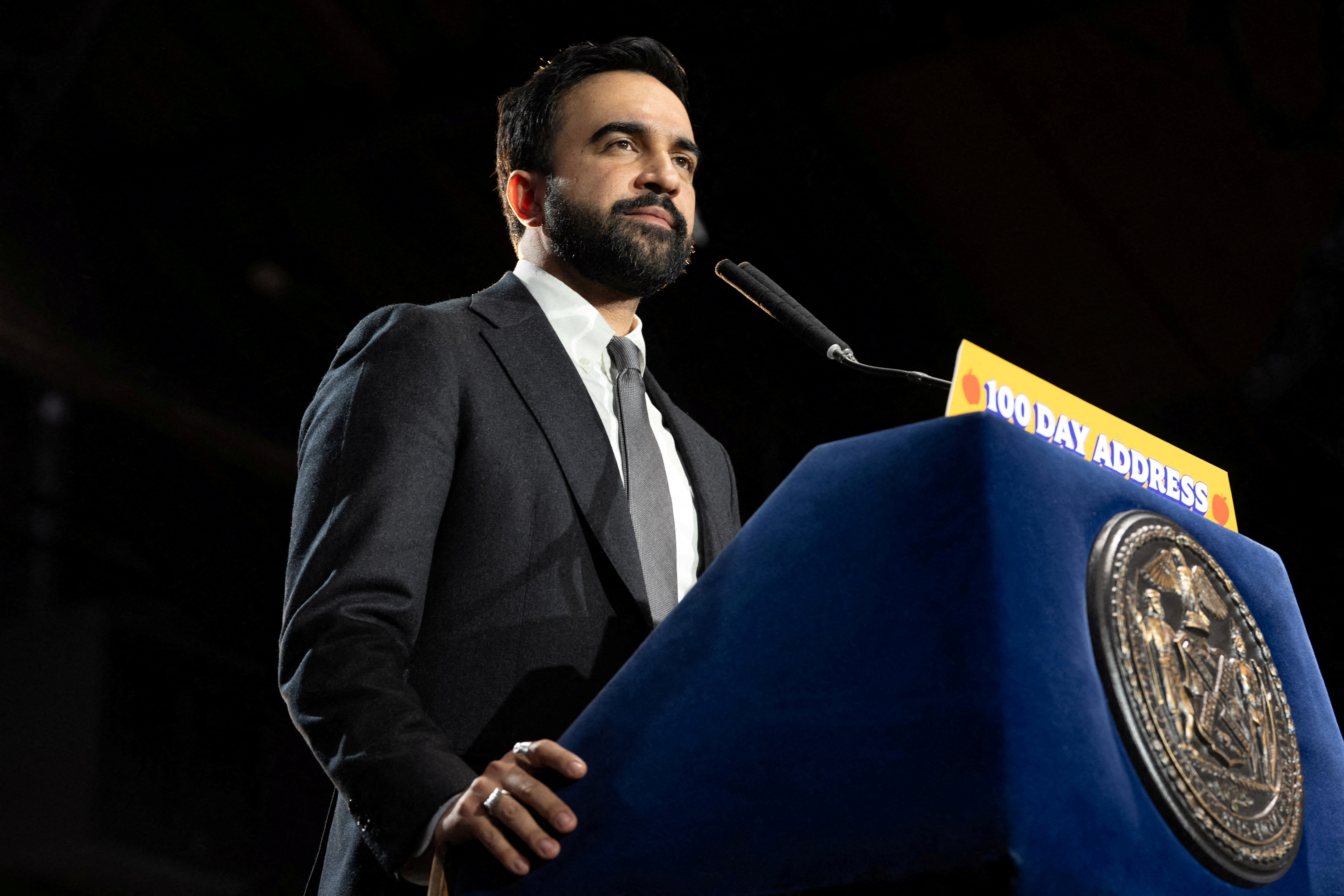 Mayor Zohran Mamdani delivers his 100 Days Address, a speech dedicated to outline the progress made on his core campaign promises since taking office, in Queens, New York City, U.S., April 12, 2026.