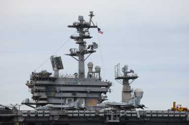U.S. Navy aircraft carrier USS Nimitz is anchored in the Guanabara Bay as part of the Southern Seas 2026 deployment for joint naval exercises, while the Brazilian Navy conducts radiological monitoring operations near its position, in Rio de Janeiro, Brazil May 8, 2026.