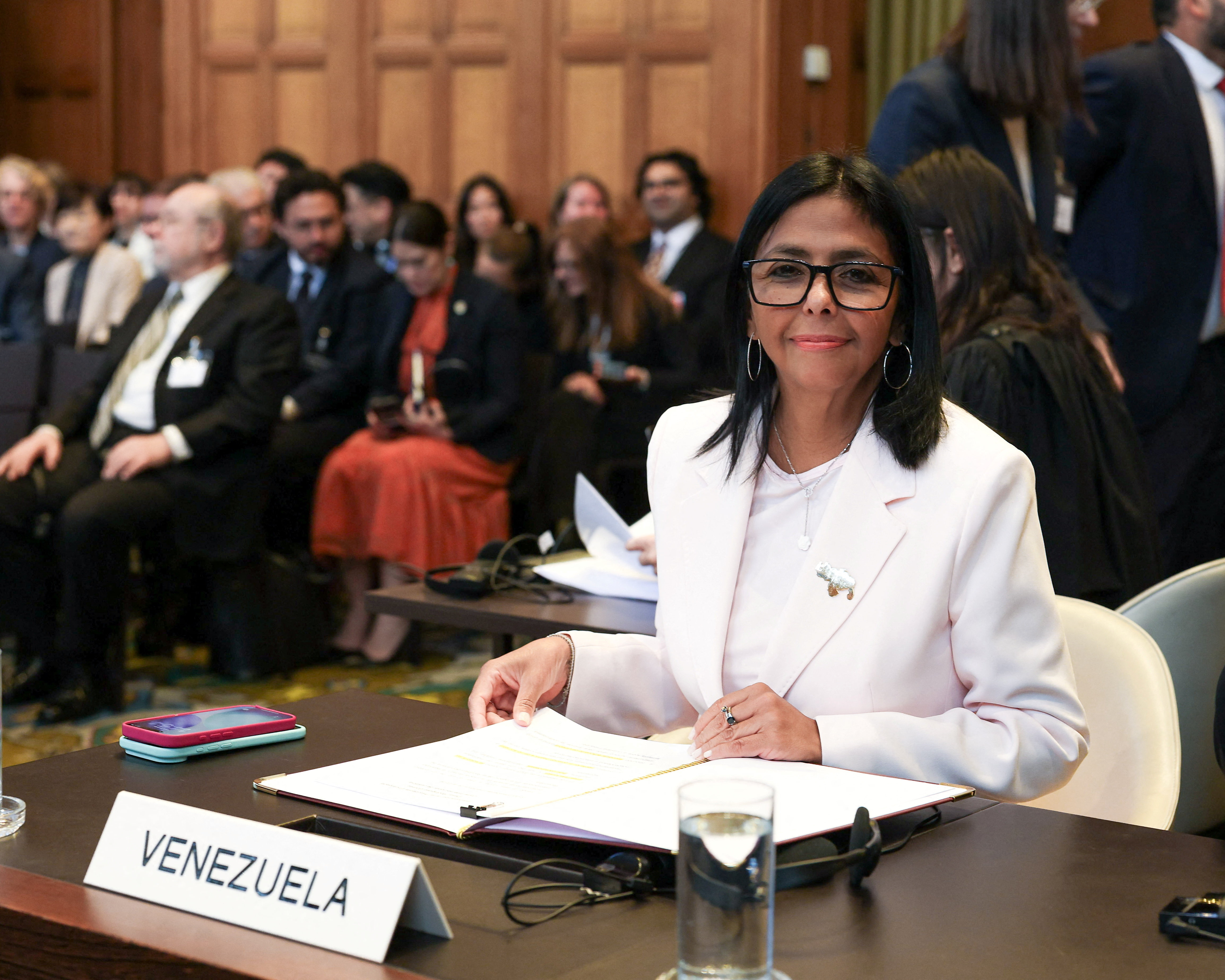 Venezuela's acting President Delcy Rodriguez participates in a hearing at the International Court of Justice (ICJ) on the territorial dispute with Guyana over the Essequibo region in The Hague, Netherlands, May 11, 2026.
